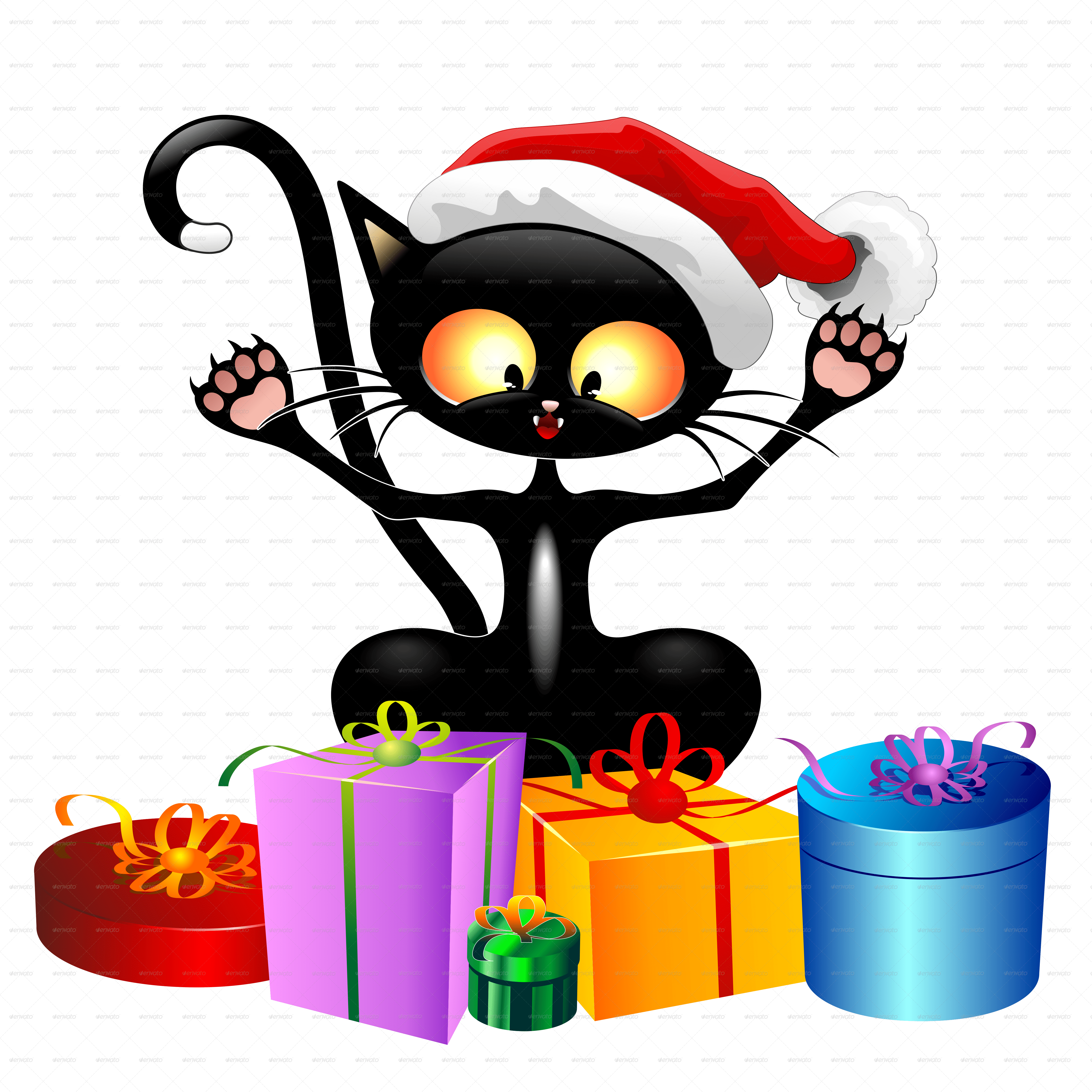 Happy Cat Cartoon with Christmas Gifts by Bluedarkat GraphicRiver